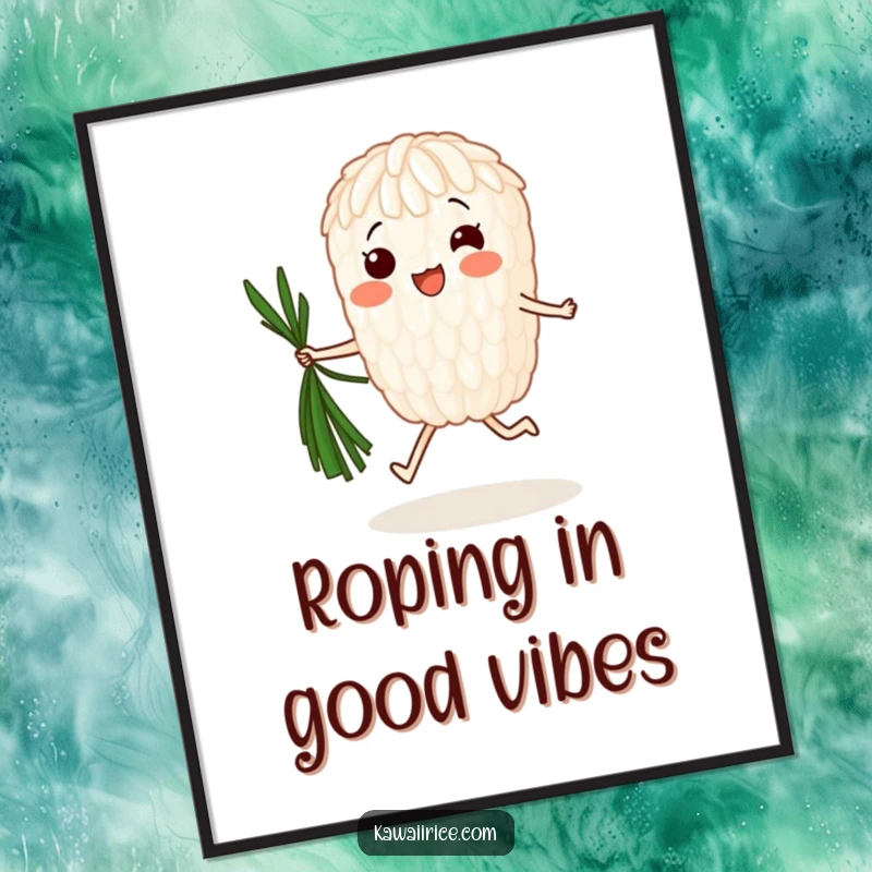 Funny Free Printable Wall Art of a single, happy rice grain jumping rope with a strand of seaweed, adding a whimsical element.