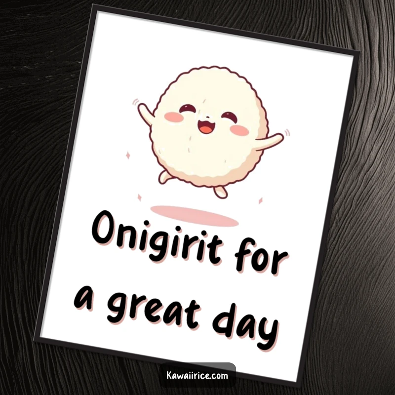 Funny Free Printable Wall Art: A cute rice ball character performs an energetic, bouncy jump with excitement.