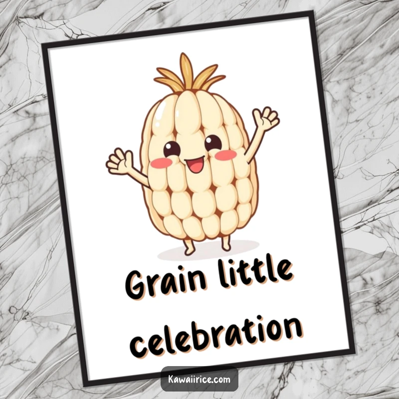 Funny Free Printable Wall Art: A happy rice grain character with tiny arms doing a friendly, celebratory wave.