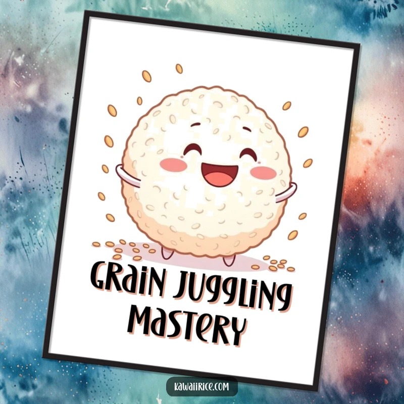 Funny Free Printable Wall Art: A smiling rice ball character with a big grin, expertly juggling tiny grains.