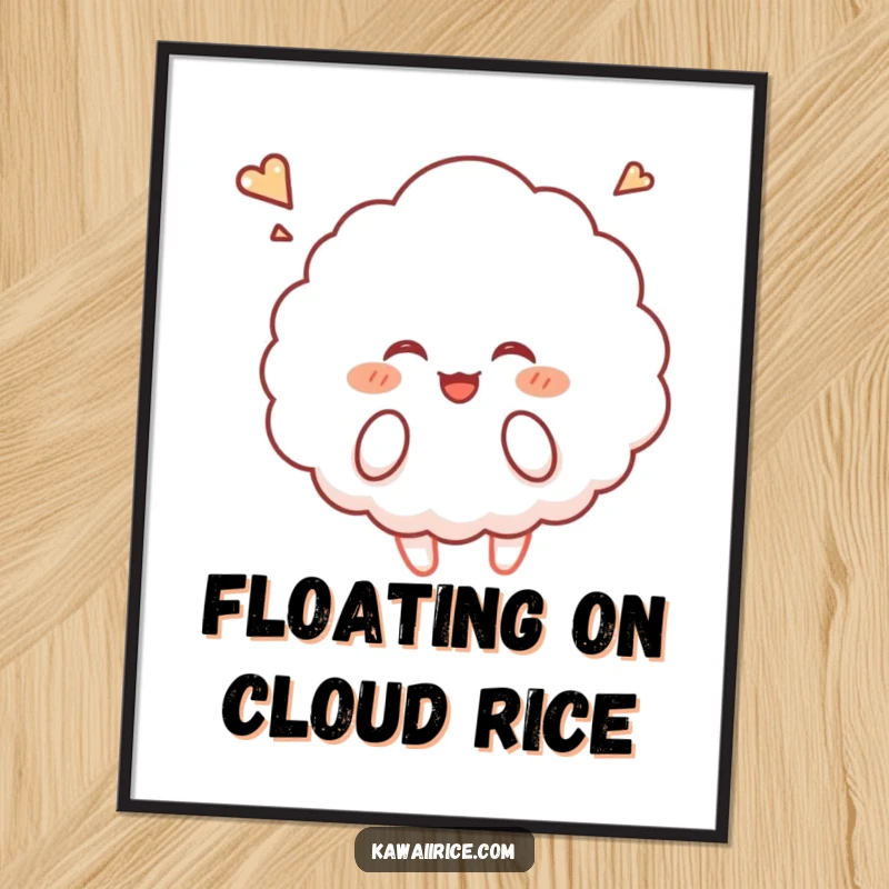 Funny Free Printable Wall Art: A fluffy rice cloud character with a big giggle, floating serenely upwards.
