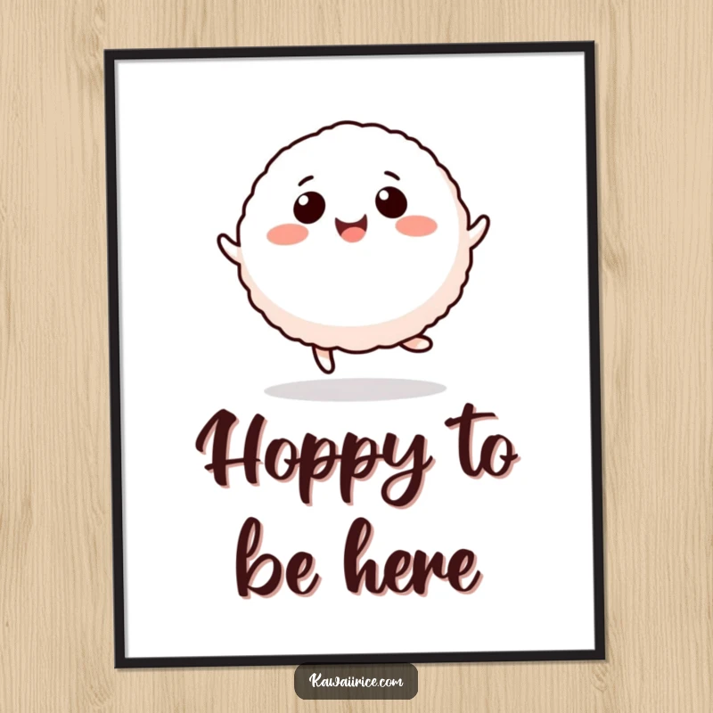 Funny Free Printable Wall Art: A smiling rice ball character in mid-hop, radiating pure joy and playful energy.