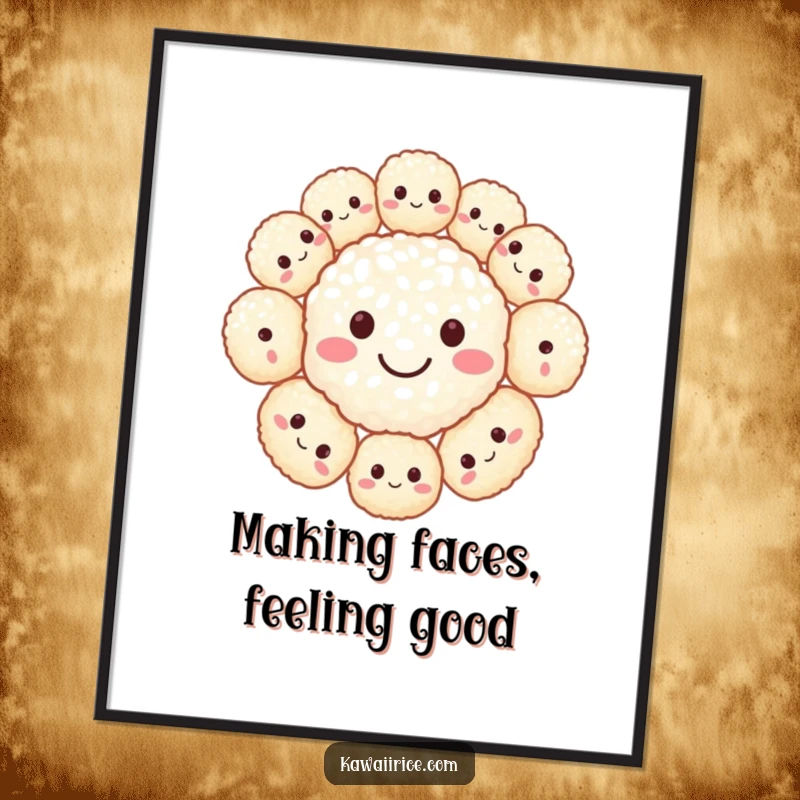 Funny Free Printable Wall Art: A collection of tiny rice balls forming a universally recognizable smiley face, adding joy.