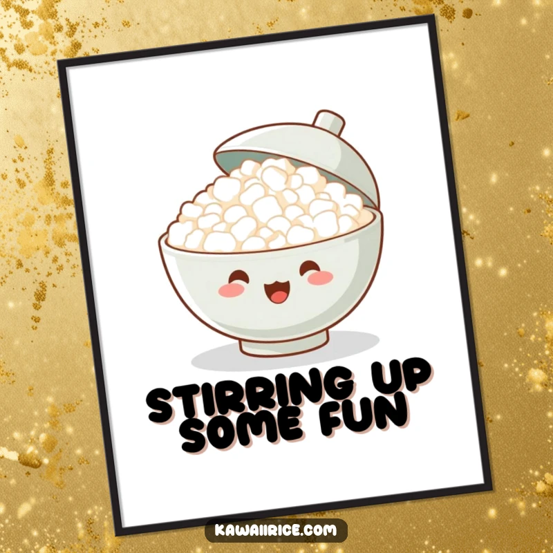 Funny Free Printable Wall Art depicting a lively bowl of rice cheering with its lid open, bringing energetic fun to your wall.