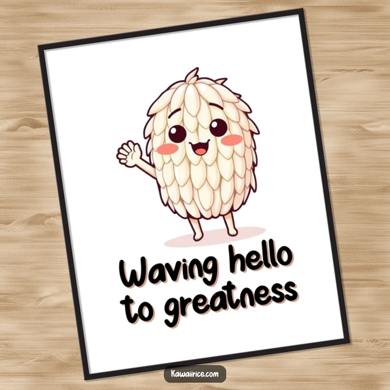 Funny Free Printable Wall Art: A smiling rice grain character enthusiastically waving hello, perfect for a cheerful kitchen.