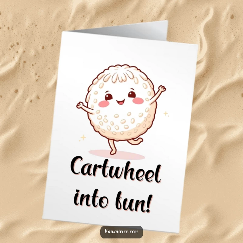 Funny Free Printable Birthday Card: A smiling rice character energetically doing a cartwheel surrounded by happy dots.