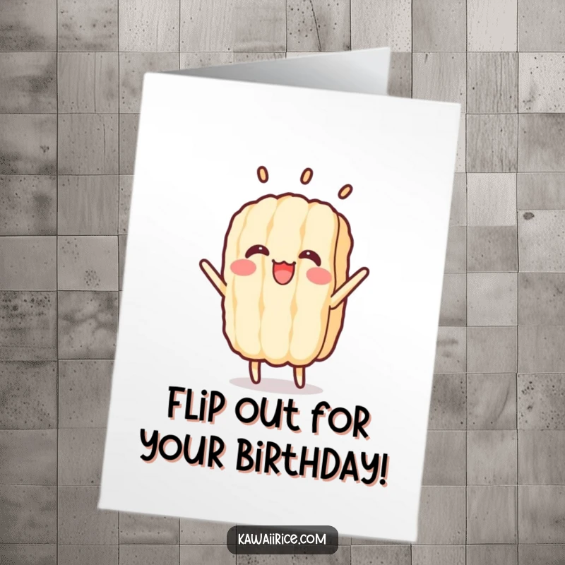Funny Free Printable Birthday Card: A happy rice grain character in mid-air performing an acrobatic flip with joy.