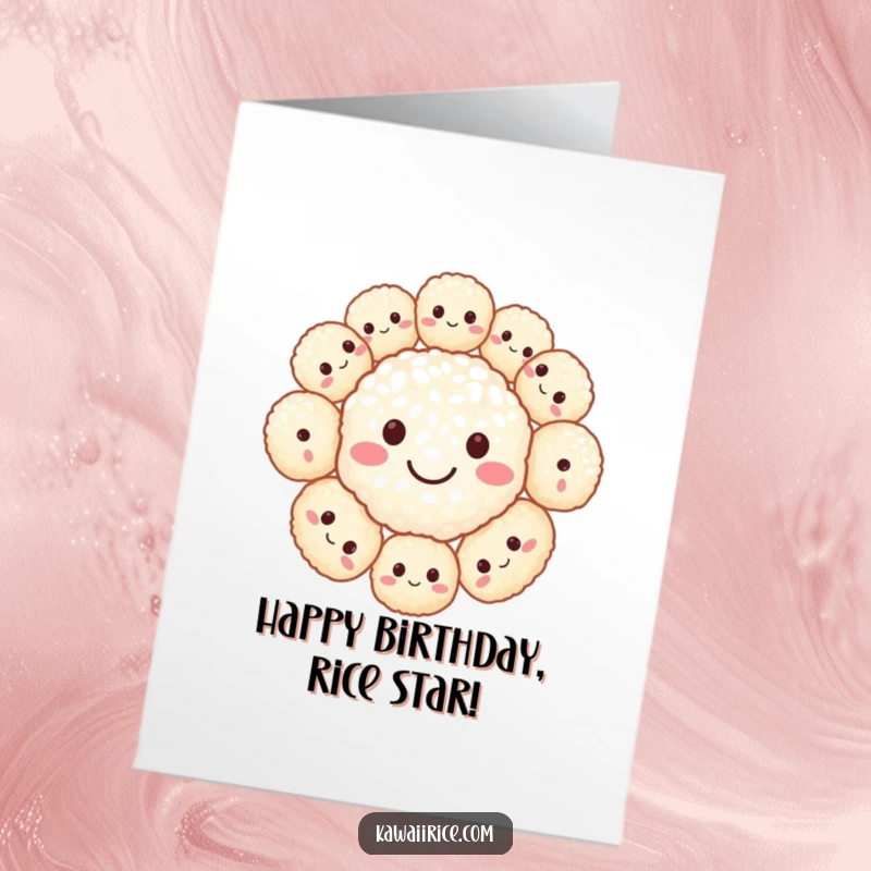 Funny Free Printable Birthday Card: A cluster of tiny rice balls arranged to form a big, happy smiley face.