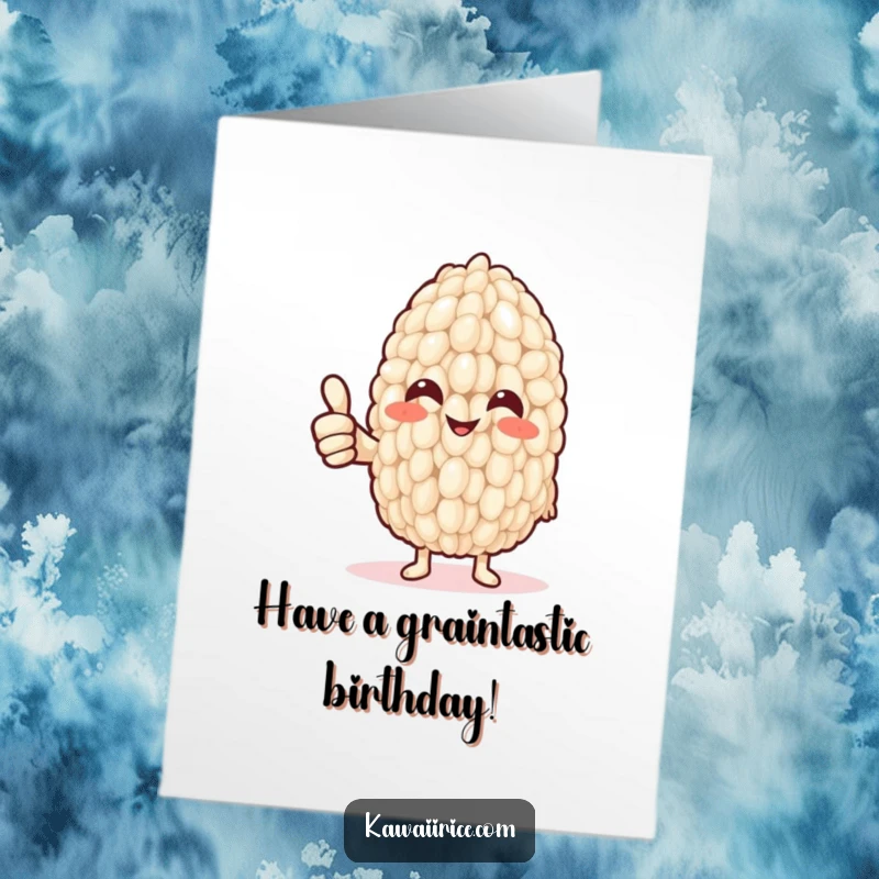 Funny Free Printable Birthday Card featuring a happy rice grain giving a thumbs up with a tiny noodle arm. Perfect for cheer.