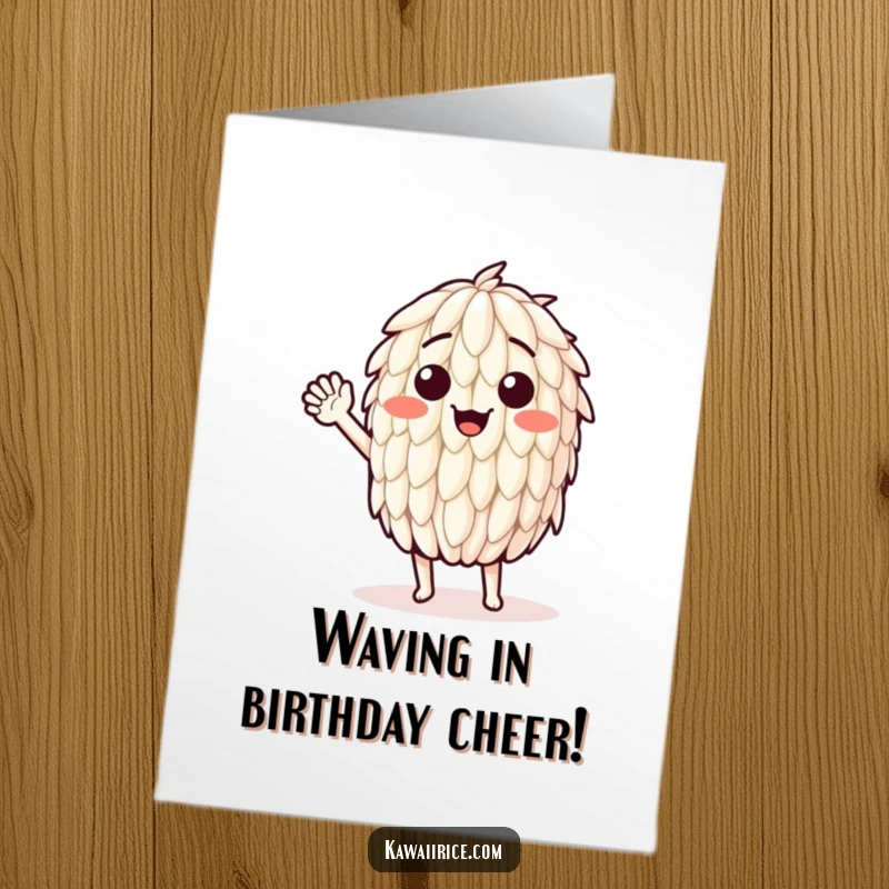 Funny Free Printable Birthday Card: A smiling rice grain character giving an enthusiastic wave hello.