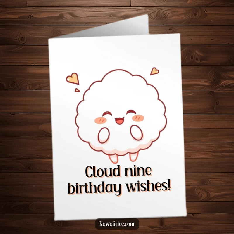 Funny Free Printable Birthday Card: A fluffy rice cloud character giggling joyfully while floating gently upwards.