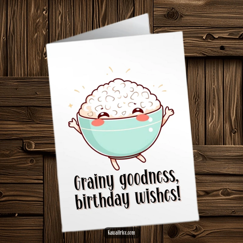 Funny Free Printable Birthday Card: A happy bowl of rice doing a joyful dance, ready to celebrate.