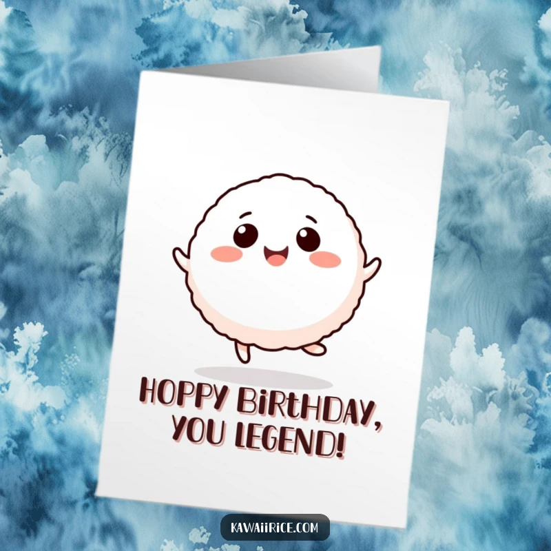 Funny Free Printable Birthday Card: A smiling rice ball character energetically hopping with joy and excitement.