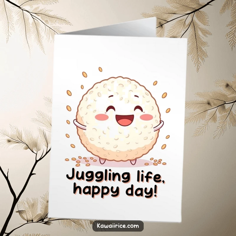 Funny Free Printable Birthday Card: A grinning rice ball character skillfully juggling several small rice grains.