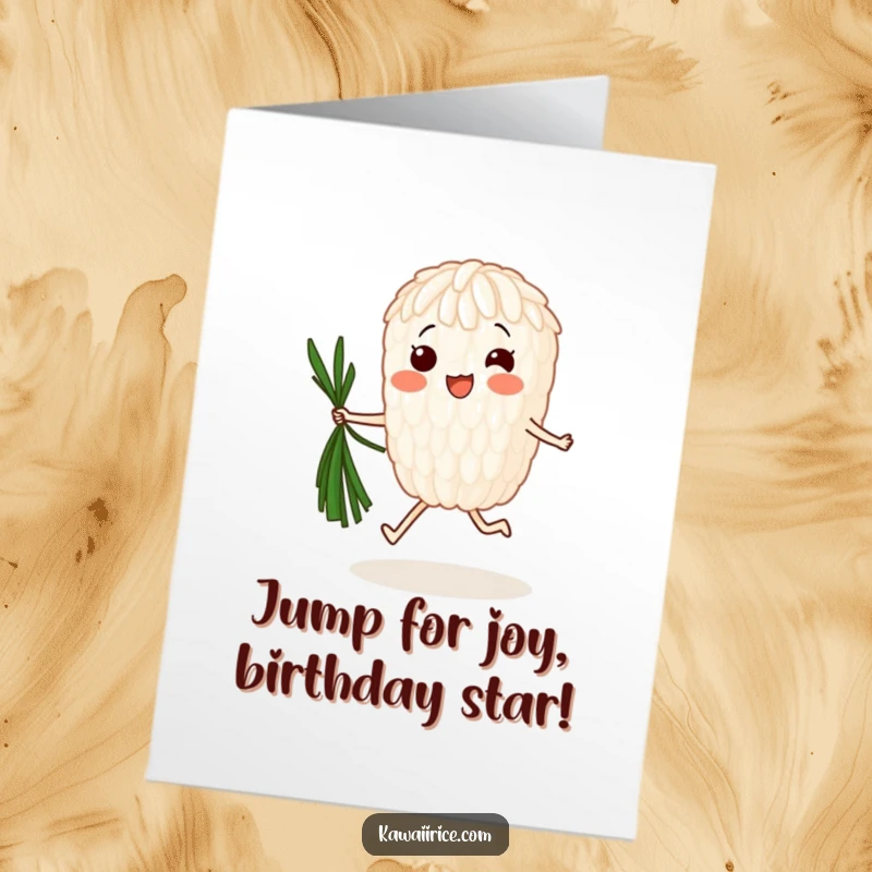Funny Free Printable Birthday Card featuring a happy rice grain jumping rope with a strand of seaweed. Healthy and fun vibes!