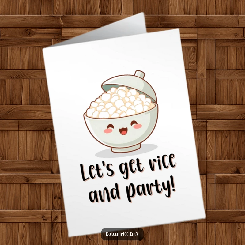 Funny Free Printable Birthday Card showing a playful bowl of rice cheering with its lid lifted high in celebration. Party time!