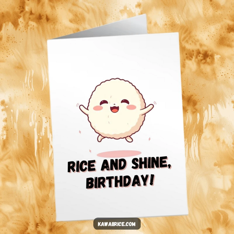 Funny Free Printable Birthday Card: A cute, anthropomorphic rice ball character performs an energetic, bouncy jump.