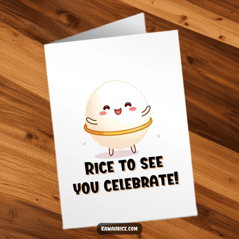 Funny Free Printable Birthday Card featuring a happy glob of rice gleefully spinning a tiny hula hoop. Great for laughs.