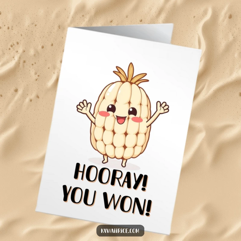 Funny Free Printable Congratulations Card: A happy rice grain character with small arms doing a triumphant celebratory wave.