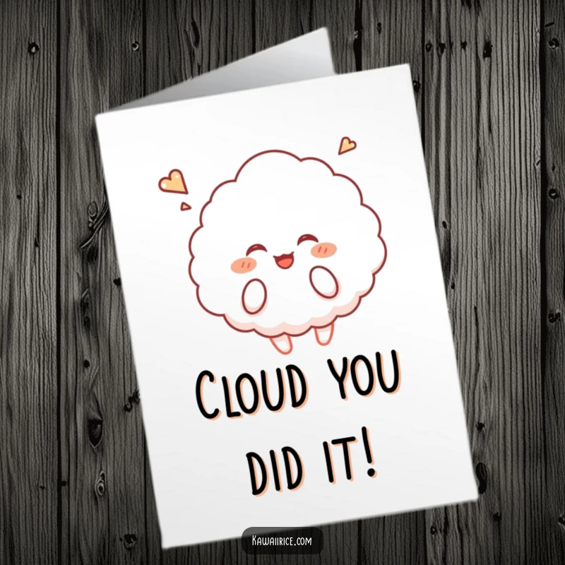 Funny Free Printable Congratulations Card: A fluffy rice cloud character giggling and floating upwards to celebrate good news.