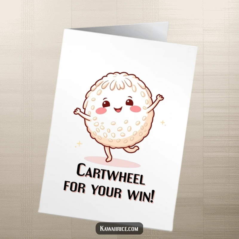 Funny Free Printable Congratulations Card: A smiling rice character doing a happy cartwheel with celebratory dots.