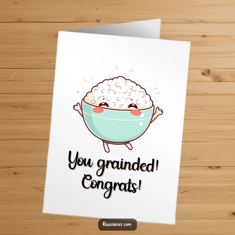 Funny Free Printable Congrats Card: A cheerful rice bowl caught mid-dance, celebrating a fantastic achievement.