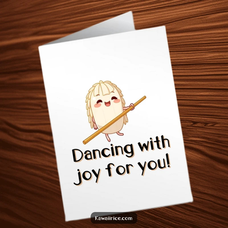 Funny Free Printable Congratulations Card with a rice character enthusiastically jigging on a giant chopstick. Celebrating achievements in style!