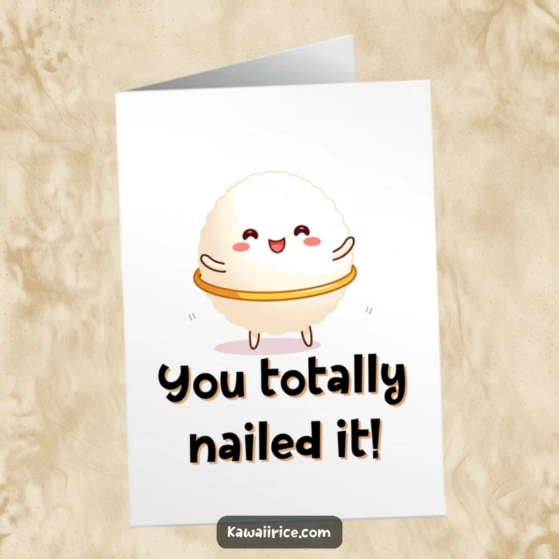 Funny Free Printable Congratulations Card showing a cheerful rice glob doing the hula hoop, perfect for celebrating wins.
