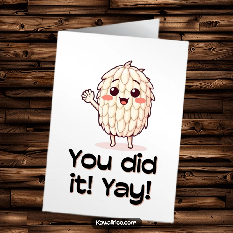 Funny Free Printable Congrats Card: A happy, smiling rice grain waving energetically to celebrate good news.