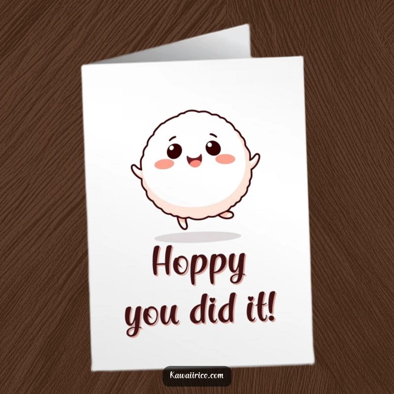 Funny Free Printable Congratulations Card: A joyful rice ball character doing a happy hop to celebrate achievements.