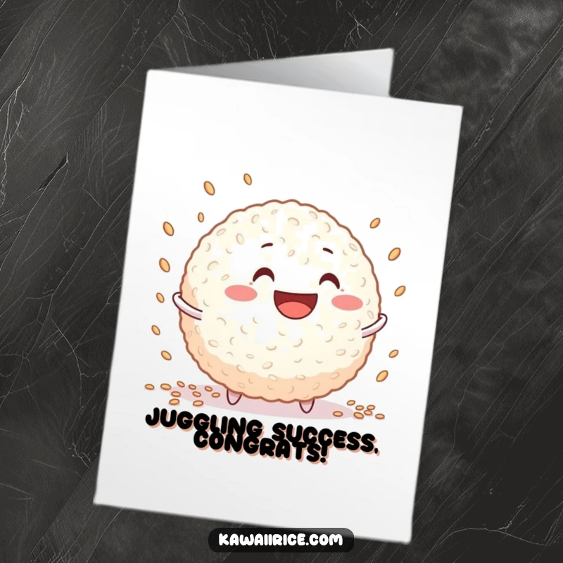 Funny Free Printable Congratulations Card: A grinning rice ball character juggling tiny grains to celebrate an achievement.