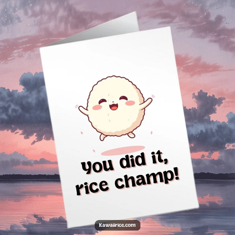 Funny Free Printable Congratulations Card: A cute rice ball character leaps joyfully in a bouncy jump.