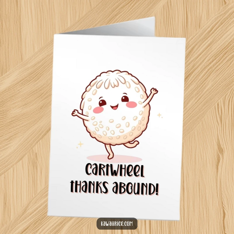 Funny Free Printable Thank You Card: A smiling rice character doing a cartwheel amongst happy dots to show thanks.