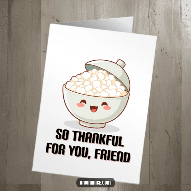Funny Free Printable Thank You Card with a joyful bowl of rice cheering enthusiastically with its lid popped open. Expressing thanks!