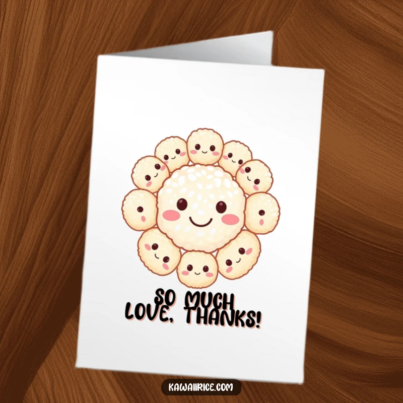 Funny Free Printable Thank You Card: A group of small rice balls forming a cheerful smiley face to express gratitude.