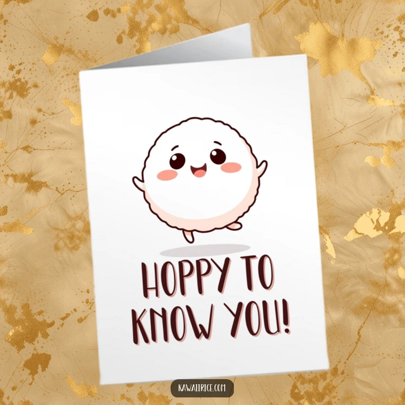 Funny Free Printable Thank You Card: A smiling rice ball character hopping happily to convey gratitude.