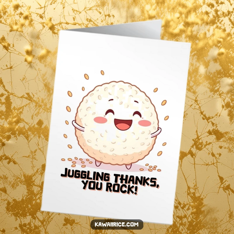 Funny Free Printable Thank You Card: A grinning rice ball character juggling tiny grains with a grateful expression.