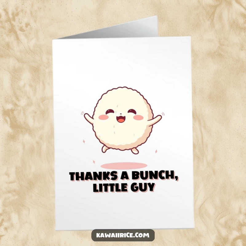 Funny Free Printable Thank You Card: A cute rice ball character performs a happy, bouncy jump to express thanks.