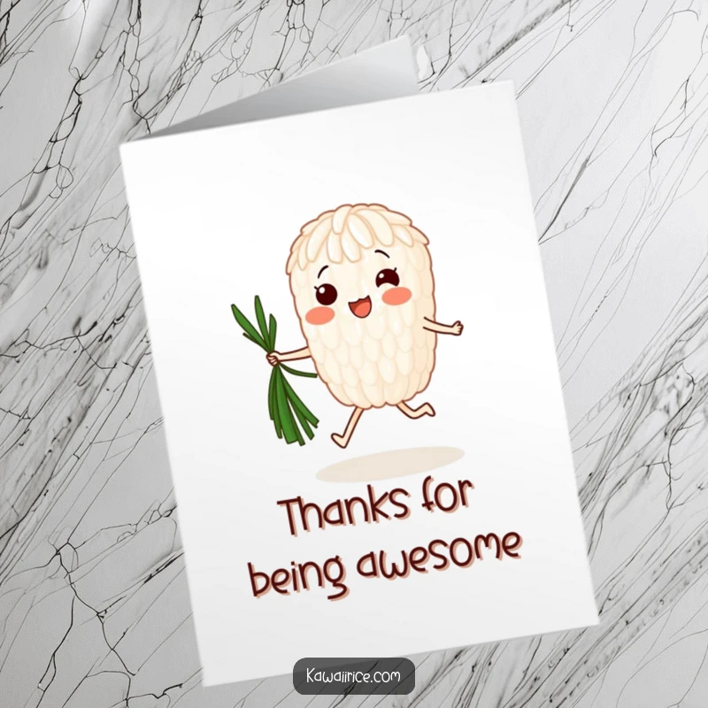 Funny Free Printable Thank You Card showing a happy rice grain jumping rope with seaweed. A fun way to say thanks to someone special!