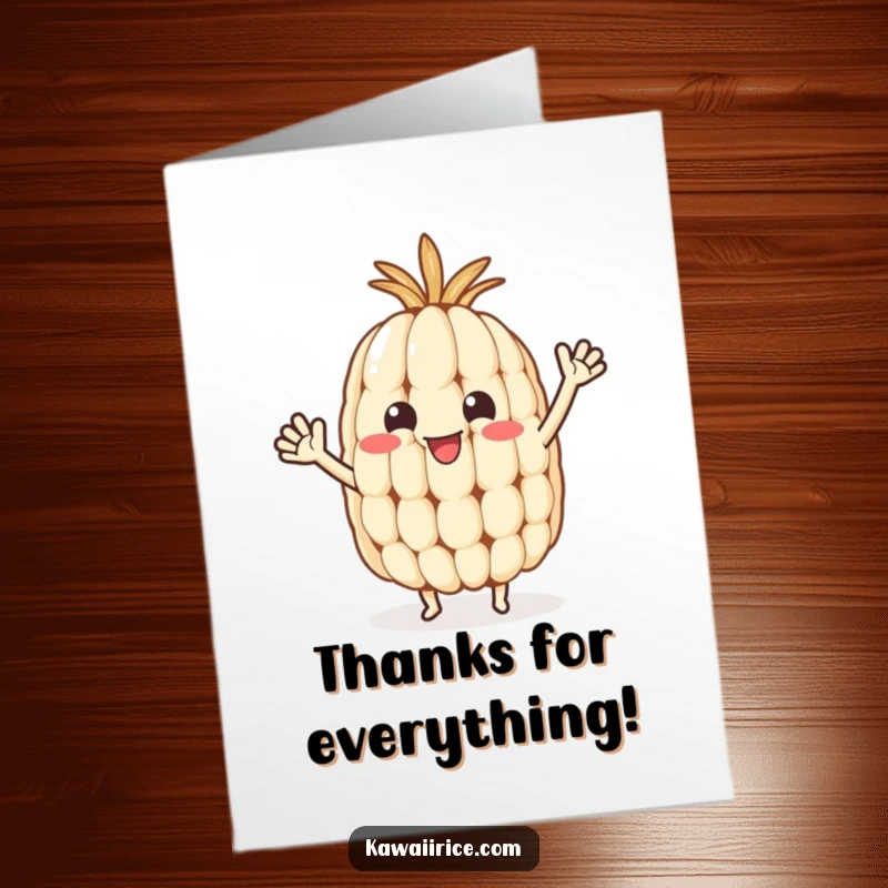 Funny Free Printable Thank You Card: A happy rice grain character waving its tiny arms to say thanks.