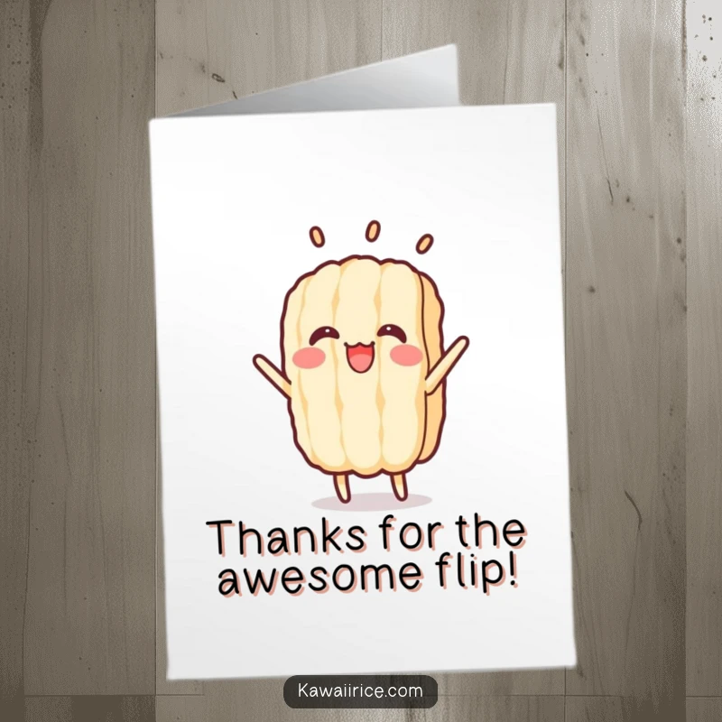 Funny Free Printable Thank You Card: A cheerful rice grain character performing a celebratory flip to express thanks.