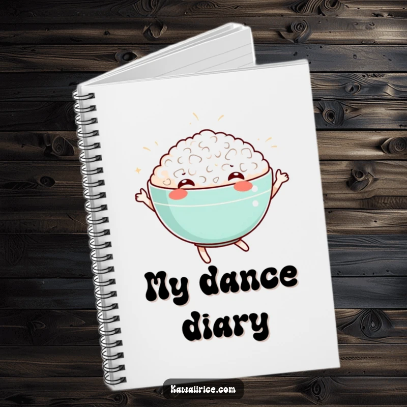 Funny notebook with a dancing rice bowl cover. Perfect for journaling, note-taking, and doodling with humor.