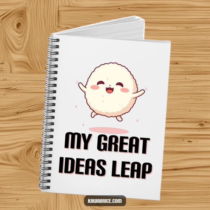 Funny Notebook with a cute rice ball character performing a bouncy jump on the cover, inspiring joyful thoughts and laughter.