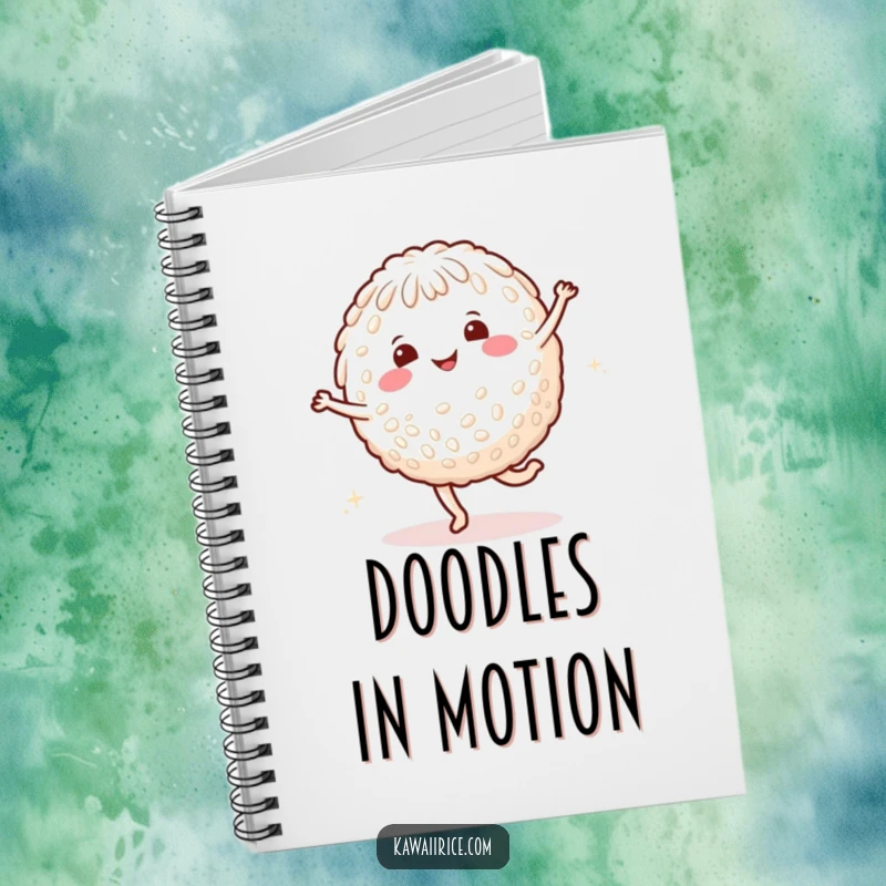 Funny rice character notebook with a smiling character doing a cartwheel with happy dots, great for notes and sketches.