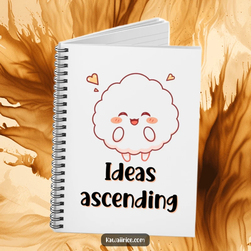 Funny rice cloud notebook with a fluffy character giggling and floating upwards, great for notes and doodles.