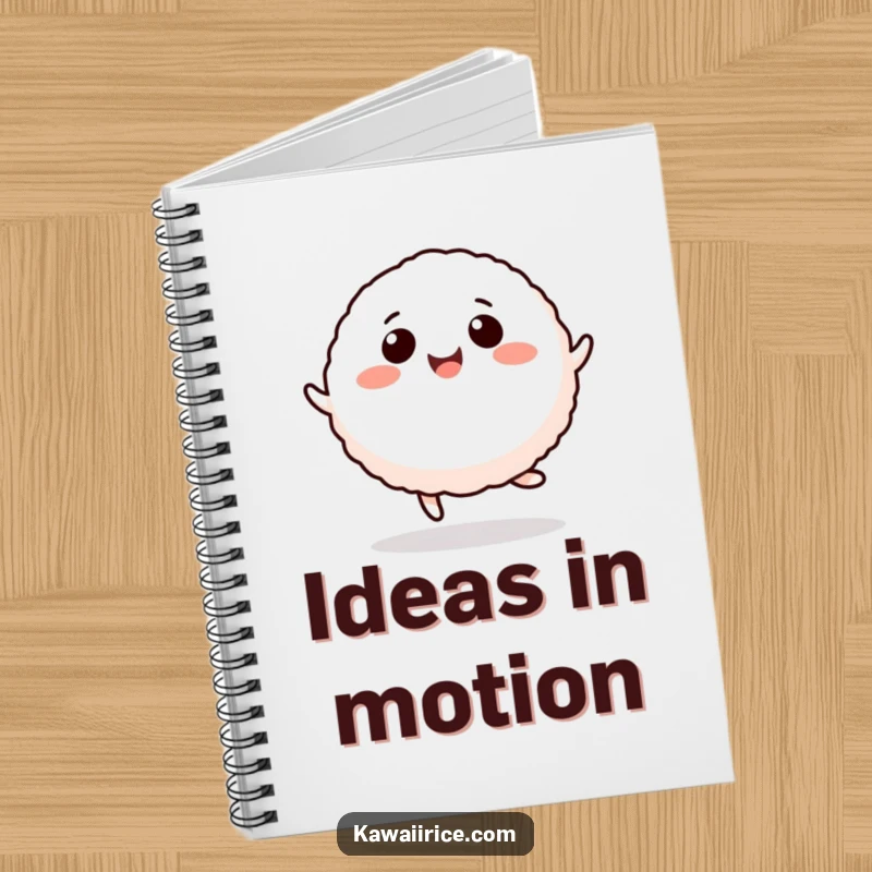Funny rice ball notebook with a cute, smiling character performing a happy hop, great for notes and sketches.