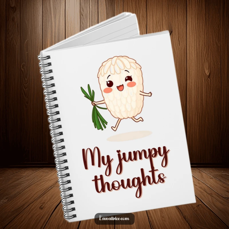 Funny Notebook: A single, happy rice grain jumping rope with seaweed, making note-taking a fun and healthy activity.