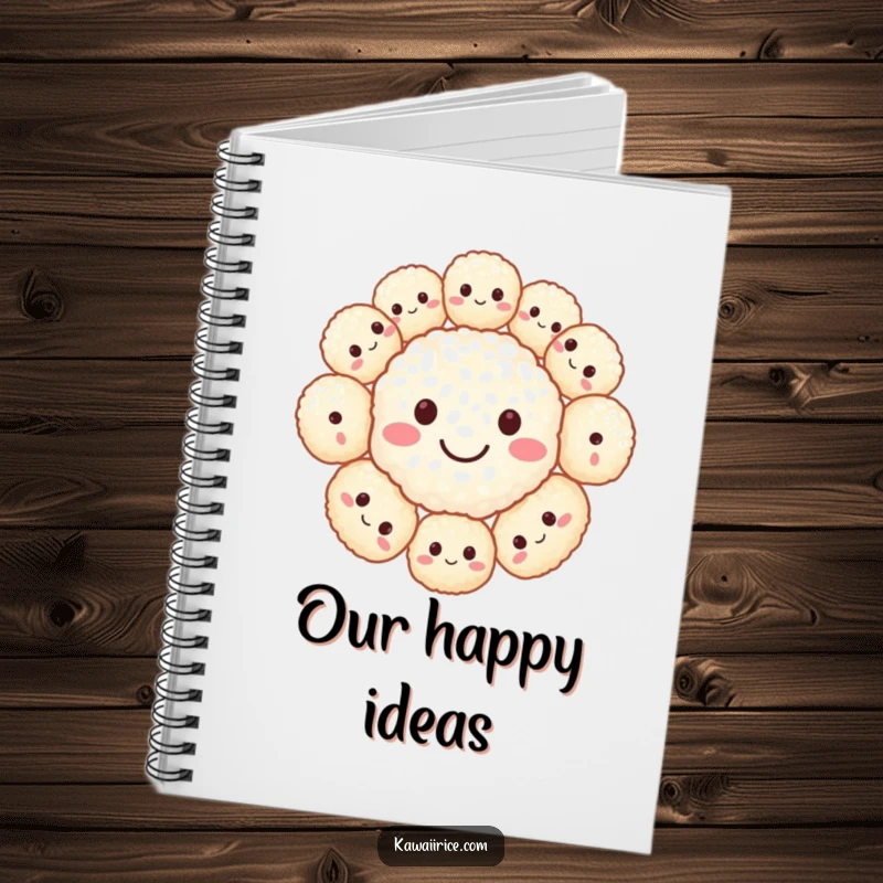 Funny notebook with a smiley face made of rice balls on the cover. Great for journaling and note-taking.