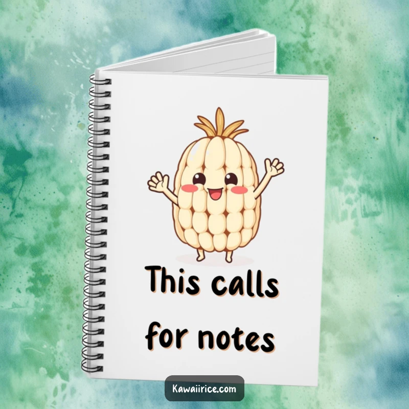 Funny rice grain notebook with a cute character with tiny arms waving happily, great for notes and ideas.