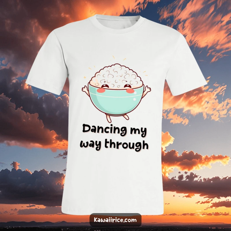 Funny t-shirt design of a gleeful rice bowl doing a lively dance. Ideal for foodies and humor enthusiasts.